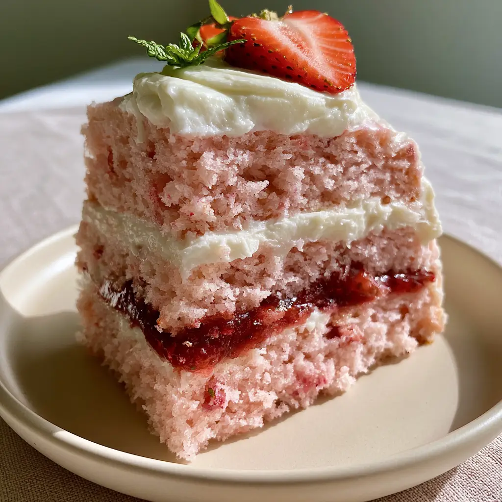 Close-up of Strawberry Cake slice showing light airy pastel-pink sponge and velvety cream cheese frosting layers.