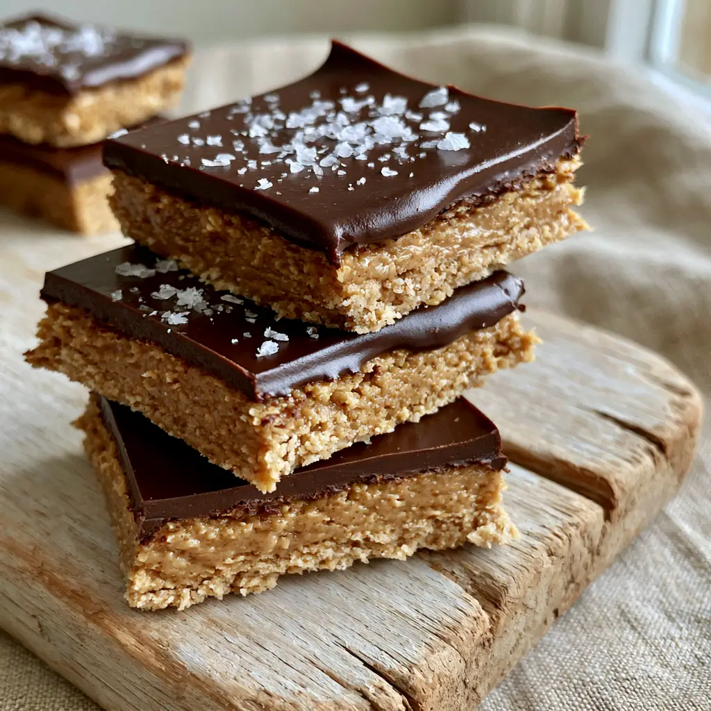 Close-up shot of stacked no-bake peanut butter cup bars showing the thick sandy texture of the base.