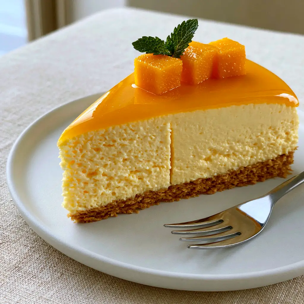Caramel Mousse Cake with Salted Caramel Core and Mirror Glaze 1 Close up of the glossy dark amber mirror glaze reflecting light on a caramel mousse cake.