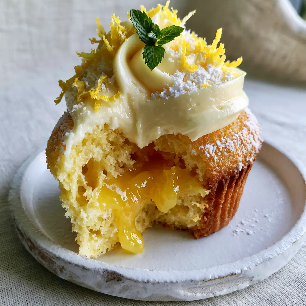 Lemon Cupcakes with Oozing Lemon Curd and Cream Cheese Frosting 1 A minimalist rustic white plate holding a lemon cupcake with velvety cream cheese frosting and powdered sugar dust.