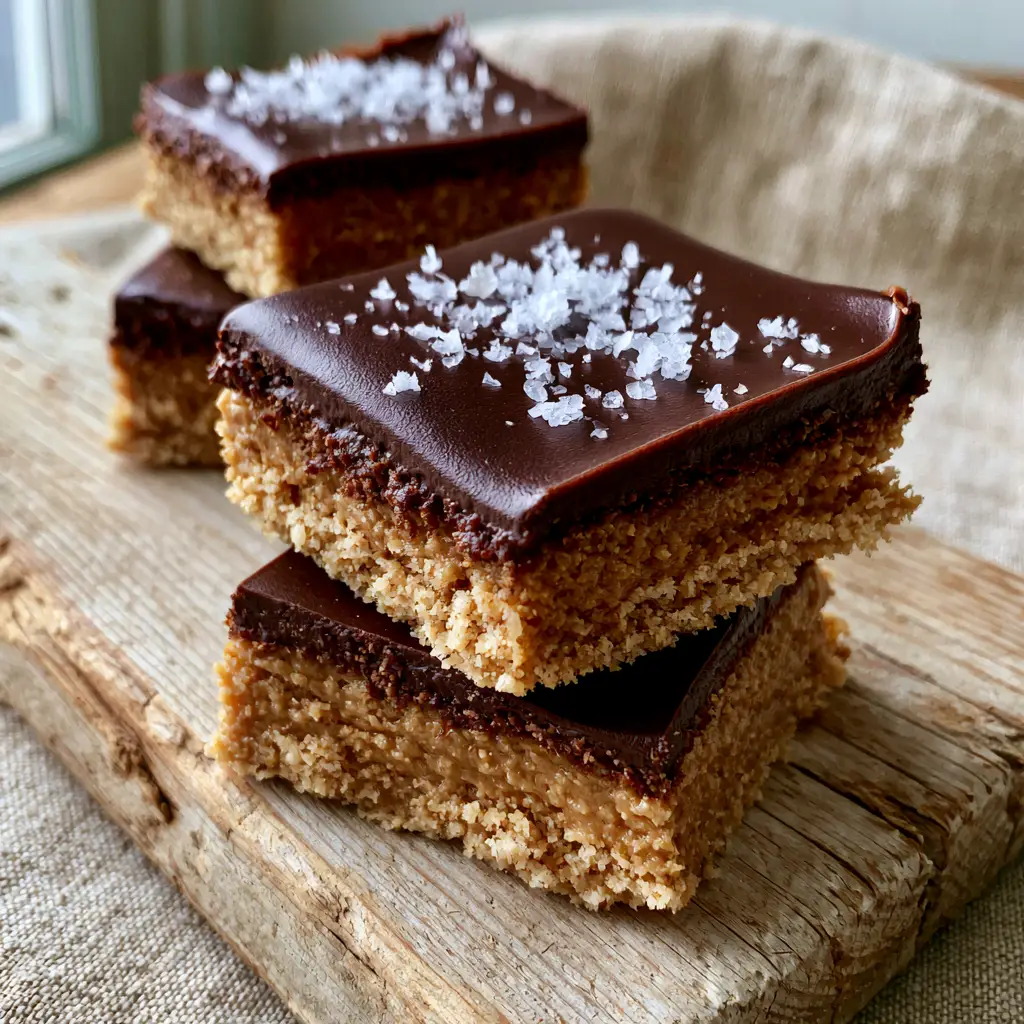 Eye-level view of sliced no-bake peanut butter cup bars garnished with flaky sea salt crystals.