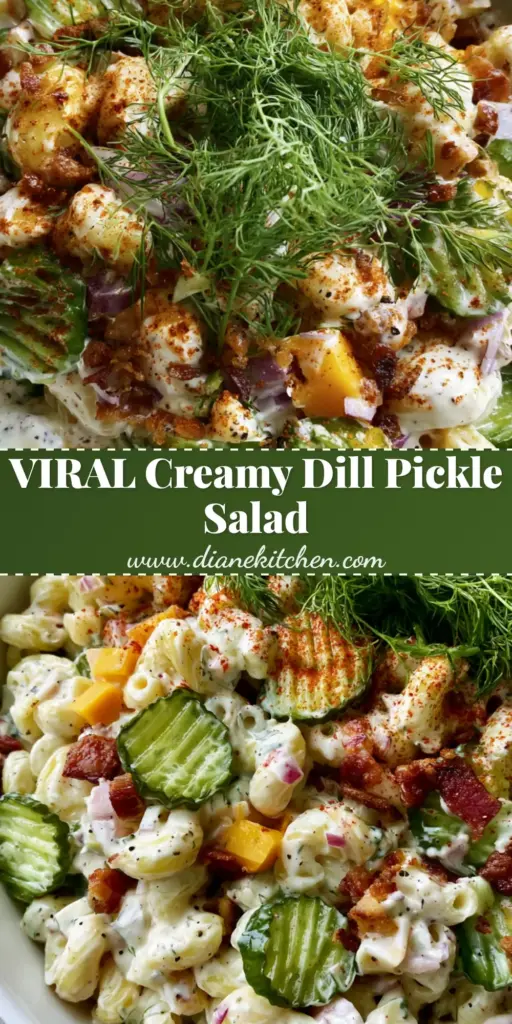 A top-down photo of a large white bowl containing dill pickle macaroni salad with crinkle-cut pickles, bacon bits, and fresh dill sprigs.