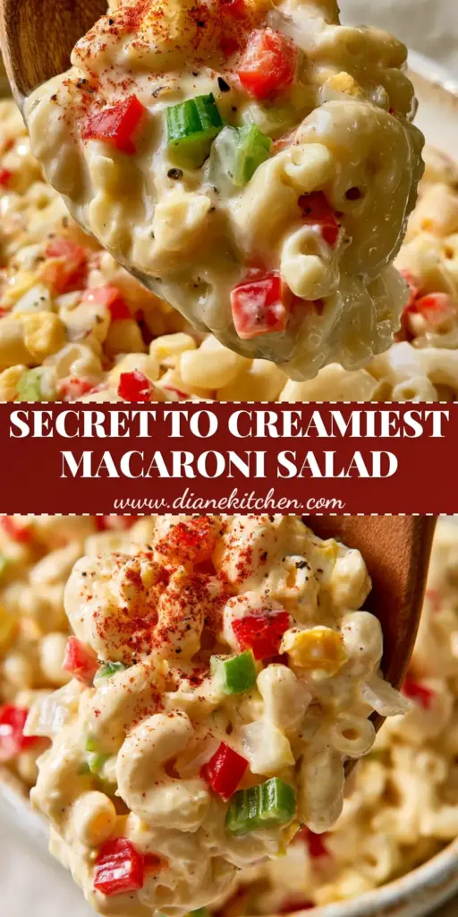 A close-up vertical photo of Sweet Amish Macaroni Salad being scooped with a wooden spoon, showing the thick yellow dressing and red bell peppers.