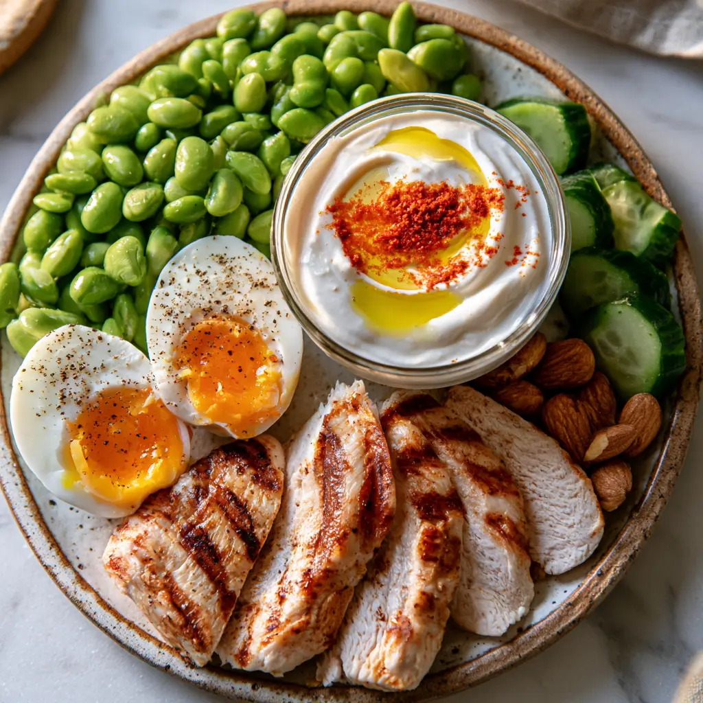 High Protein Snacks: The Ultimate Gourmet Bistro Platter 2 Close up of jammy eggs with runny yolks and seared chicken breast grill marks. (high protein snacks)