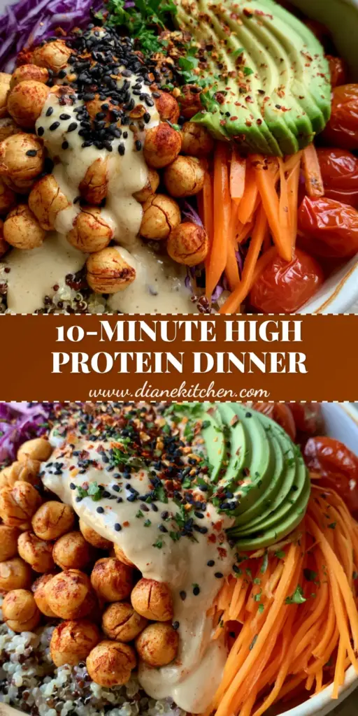 Plant-Based Recipes: The Ultimate Mediterranean Power Bowl 3 A colorful Mediterranean Power Bowl featuring seared chickpeas, avocado, and tri-color quinoa, perfect for plant-based recipes enthusiasts.