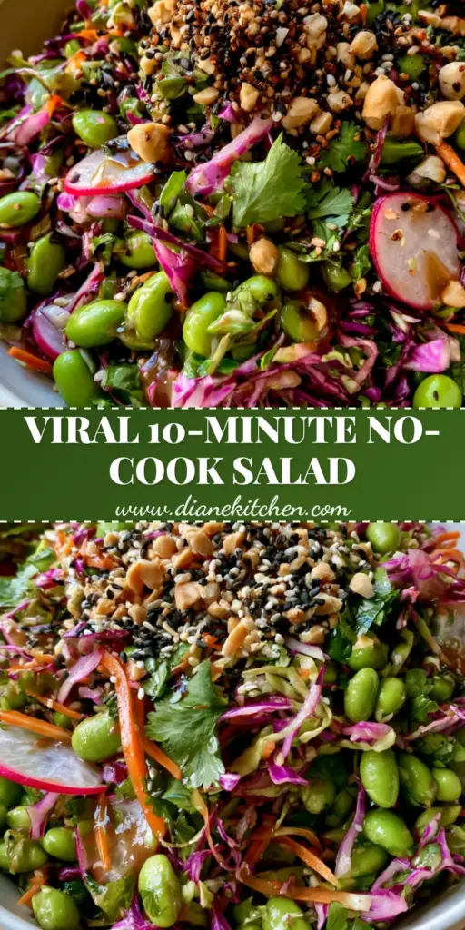 A tall Pinterest pin image showing a vibrant Crunchy Asian Edamame Salad in a white bowl with colorful cabbage and radishes.
