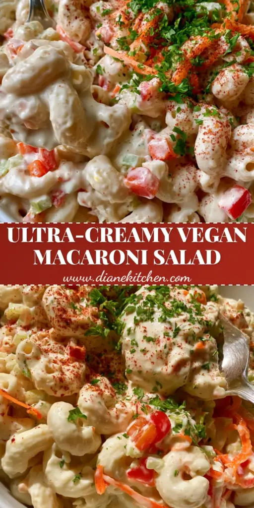 A close-up vertical shot of creamy Dairy free macaroni salad in a white bowl, showing glossy noodles and colorful diced vegetables.
