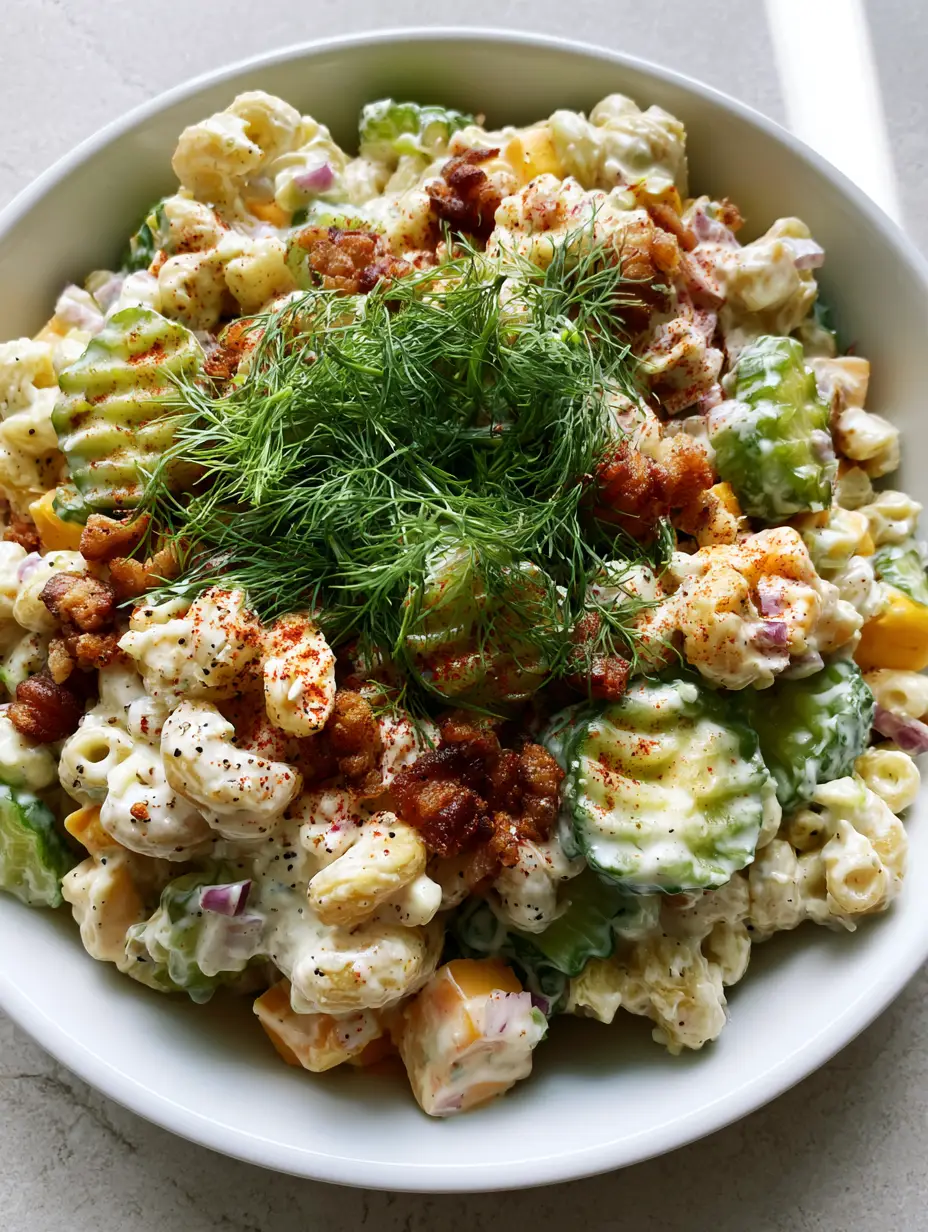 Close up view of glossy elbow macaroni coated in creamy dressing with vibrant green pickles and yellow cheddar cheese cubes. (dill pickle macaroni salad)