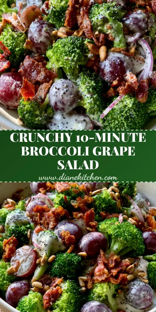 A tall Pinterest pin showing a Broccoli Grape Harvest Salad with raw broccoli, red grapes, and crispy bacon in a white bowl.