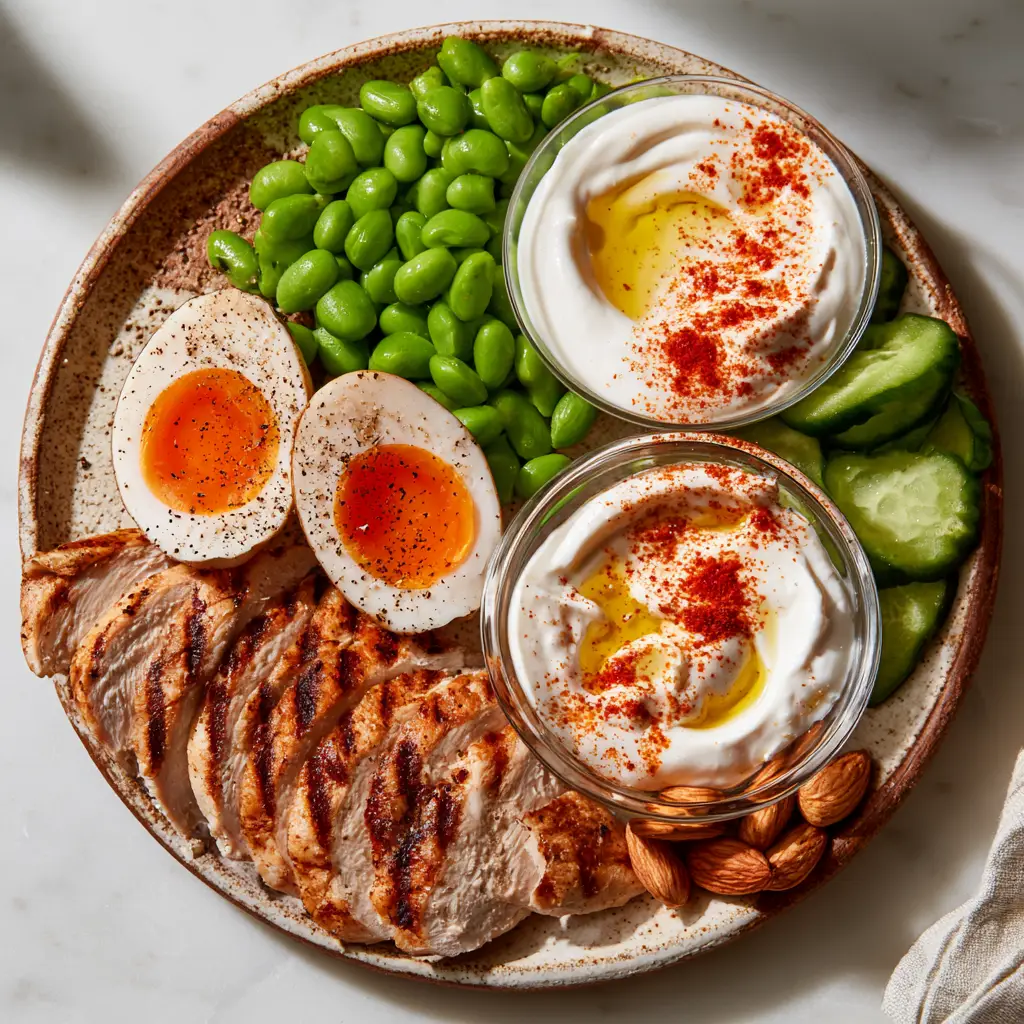 High Protein Snacks: The Ultimate Gourmet Bistro Platter 1 High protein snacks platter with Greek yogurt dip, cucumber rounds, and toasted almonds.