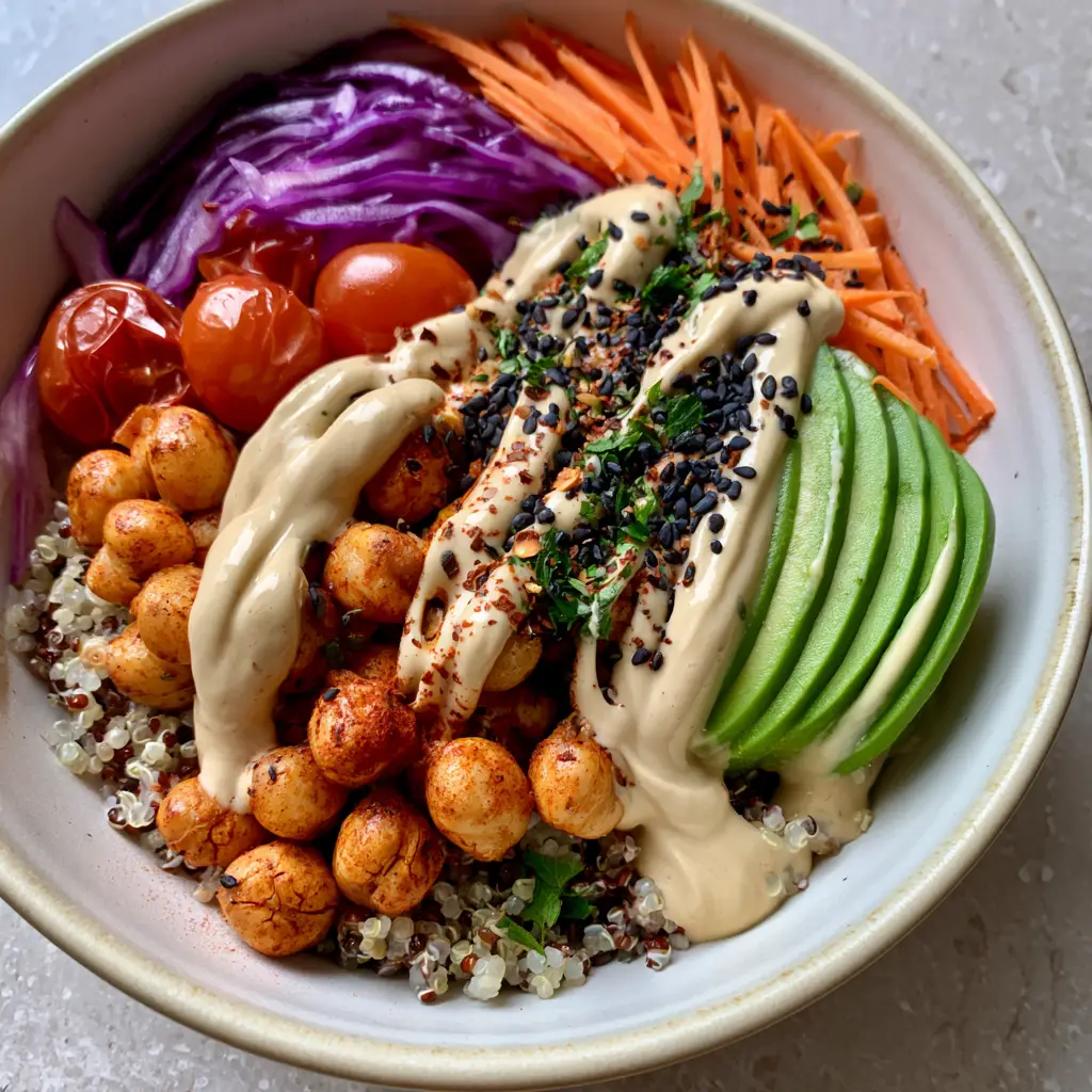 Plant-Based Recipes: The Ultimate Mediterranean Power Bowl 2 Macro shot of seared chickpeas with smoked paprika and blistered tomatoes in a plant-based recipes bowl.