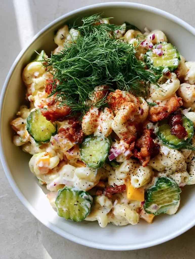 Top-down handheld smartphone photo of elite dill pickle macaroni salad with a heavy dusting of smoked paprika and feathery dill.