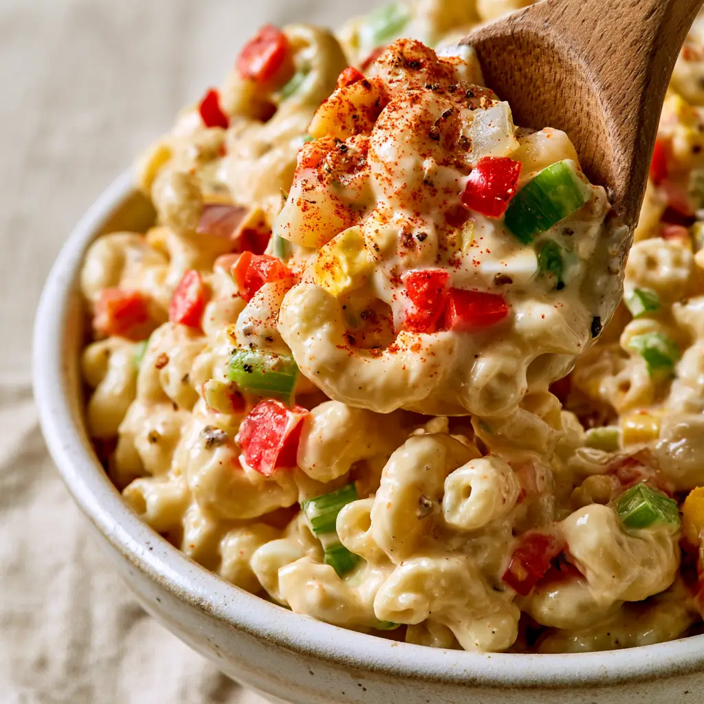 A bright kitchen scene showing a bowl of Sweet Amish Macaroni Salad with visible bits of celery, red pepper, and hard-boiled egg.