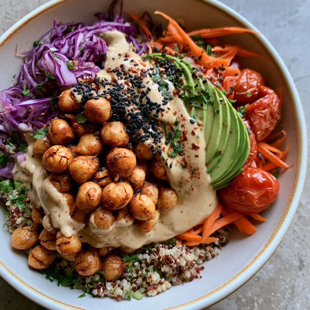 Plant-Based Recipes: The Ultimate Mediterranean Power Bowl 1 A top-down view of a Mediterranean Power Bowl with avocado fan and shaved cabbage for plant-based recipes.