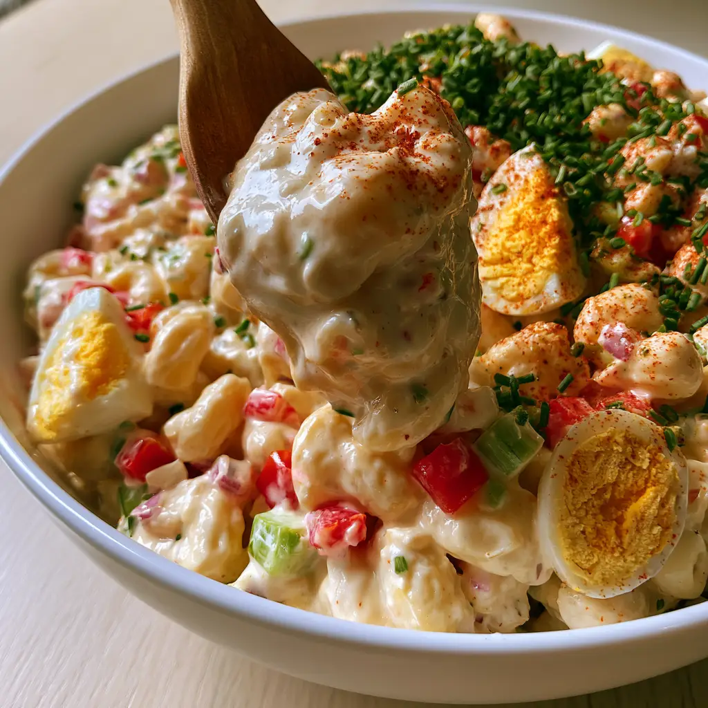 Old fashioned macaroni salad: The Creamiest Classic Potluck Recipe 2 Macro photo of glistening elbow macaroni in a thick white dressing. (Old fashioned macaroni salad)