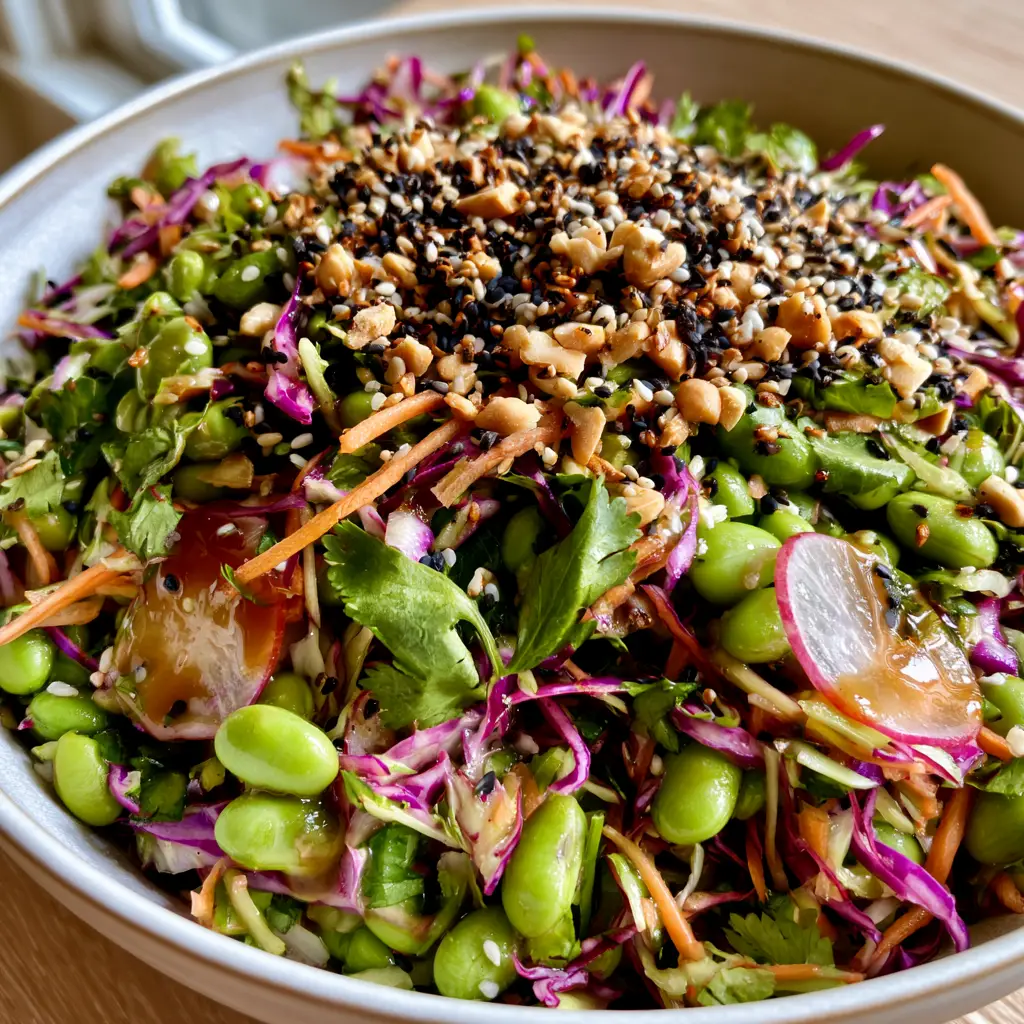 Extreme close-up of Crunchy Asian Edamame Salad showing translucent pink radishes and black sesame seeds.