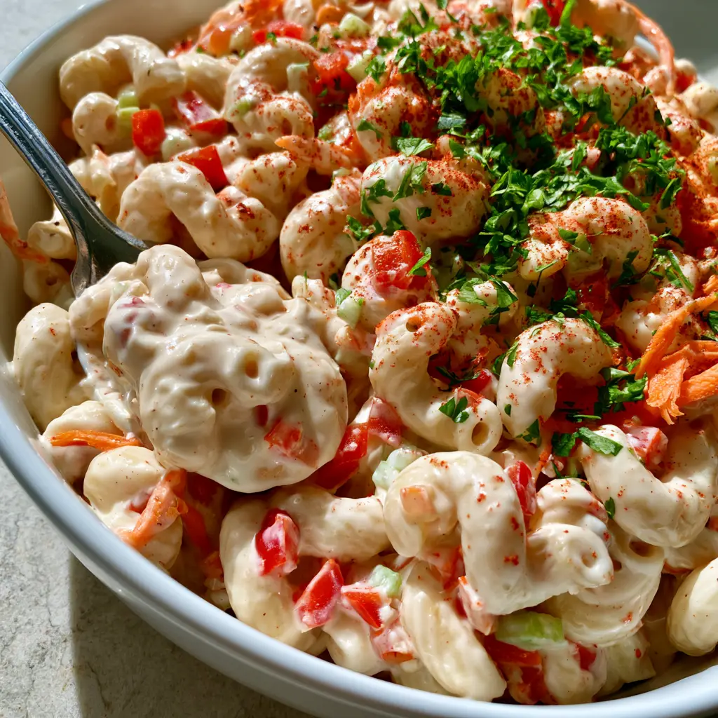 Close up shot of a silver spoon lifting a portion of moist Dairy free macaroni salad to show the thick texture.