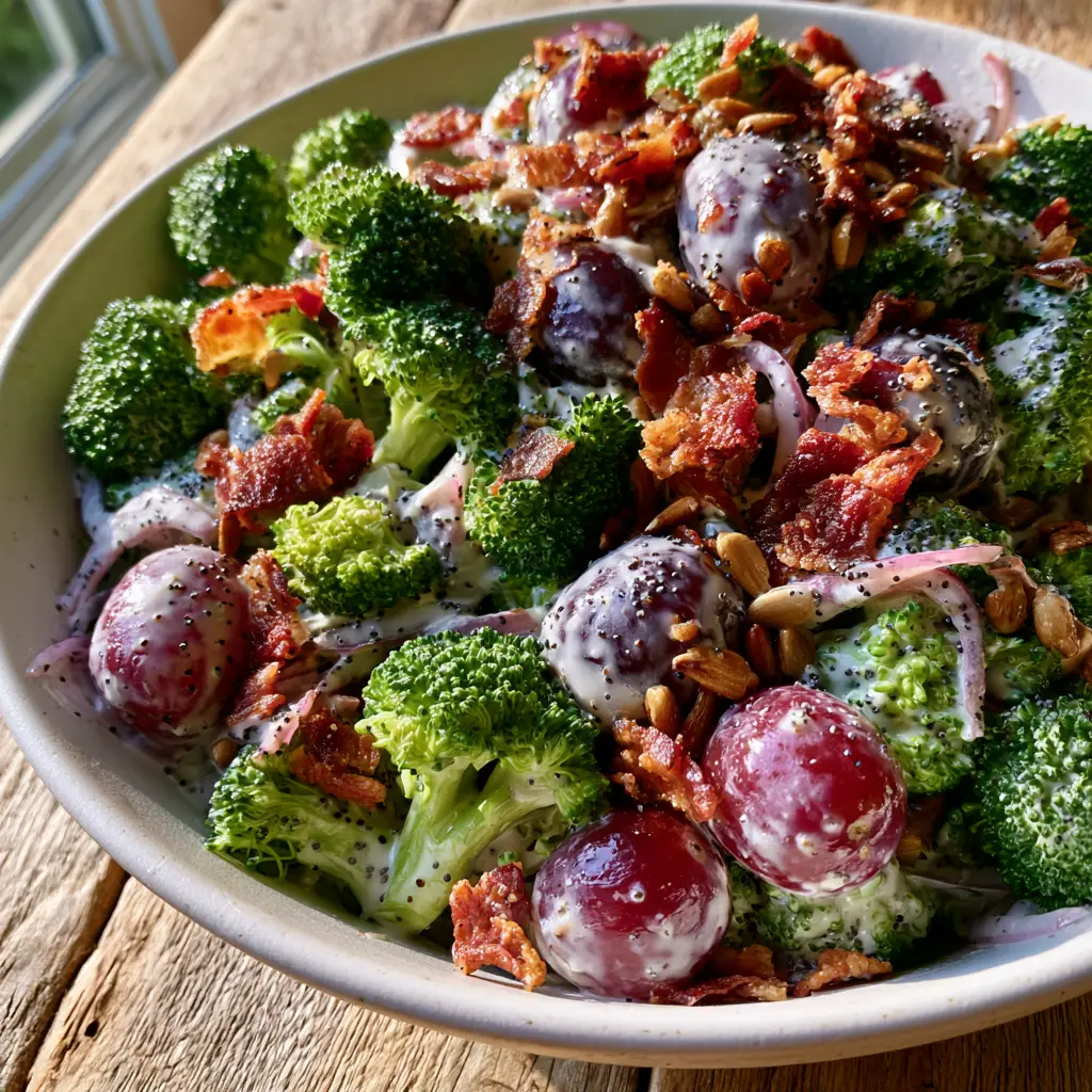 Close up shot of Broccoli Grape Harvest Salad showing the glossy poppyseed dressing and crispy bacon bits.