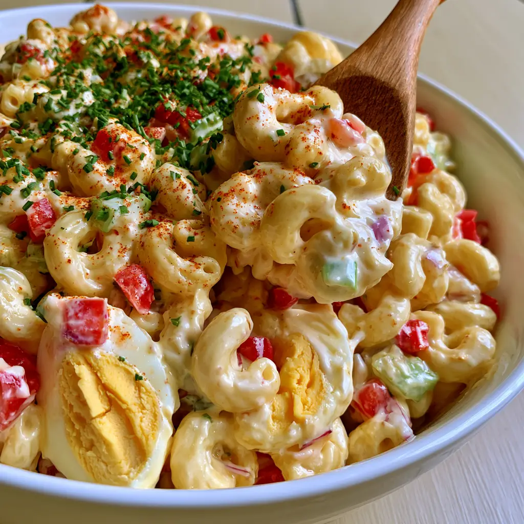 Old fashioned macaroni salad: The Creamiest Classic Potluck Recipe 1 A wooden spoon scooping Old fashioned macaroni salad from a white bowl.