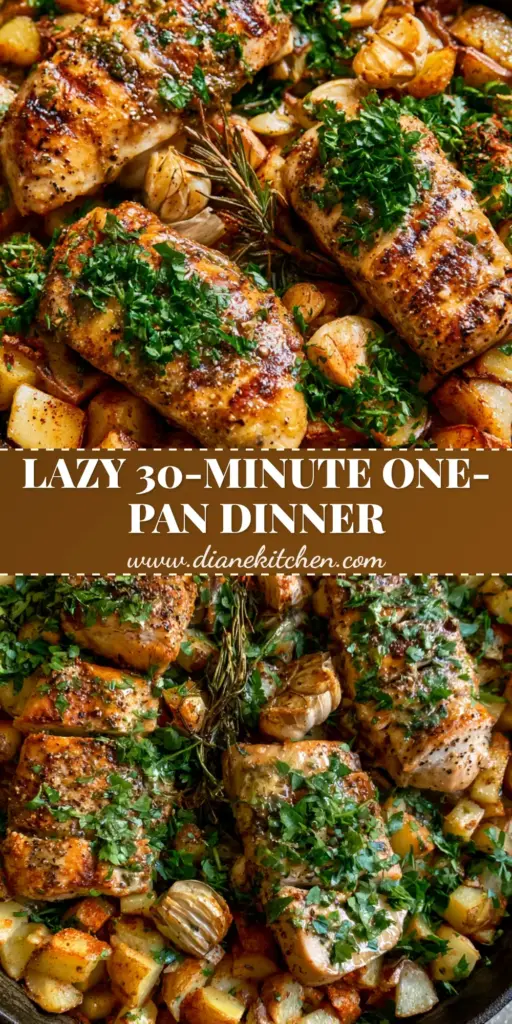 One pan meals: Garlic Herb Butter Chicken and Crispy Gold Potatoes 3 A rustic black cast iron skillet filled with crispy golden potato cubes and pan-seared chicken medallions, garnished with roasted garlic and fresh rosemary. (One pan meals)