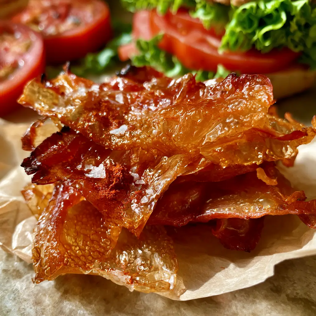 Extreme close-up of a Vegan Bacon Recipe showing translucent amber centers and mahogany singed edges.