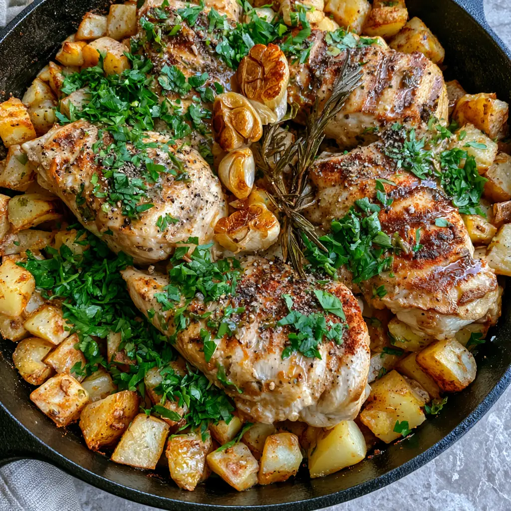 One pan meals: Garlic Herb Butter Chicken and Crispy Gold Potatoes 2 Overhead view of a cast iron skillet containing pan-seared chicken breast medallions and roasted gold potato cubes topped with fresh parsley. (One pan meals)