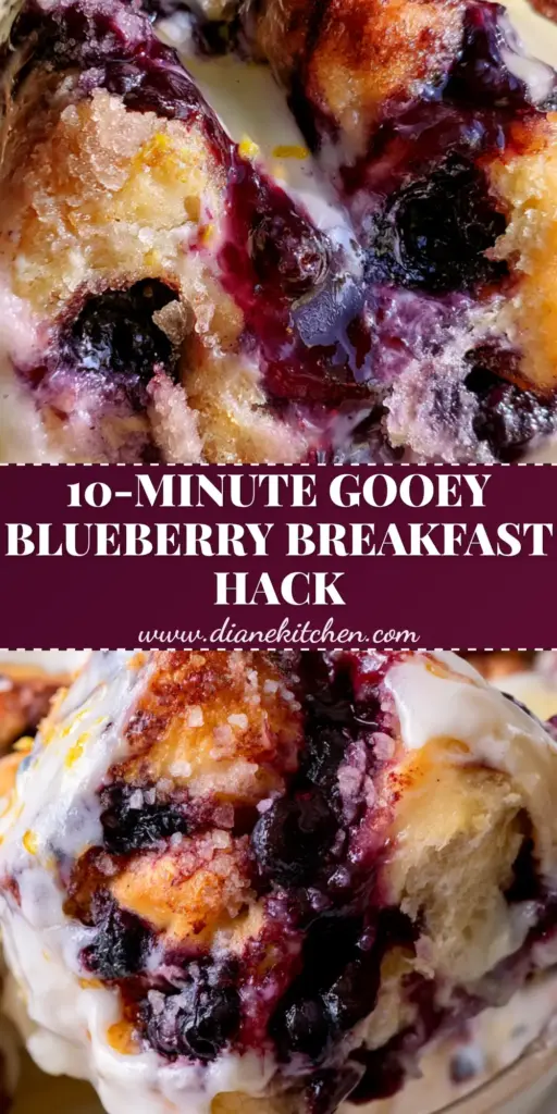 A close-up of a blueberry cinnamon roll casserole showing golden brown dough chunks, bursting blueberries, and a thick lemon cream cheese glaze.