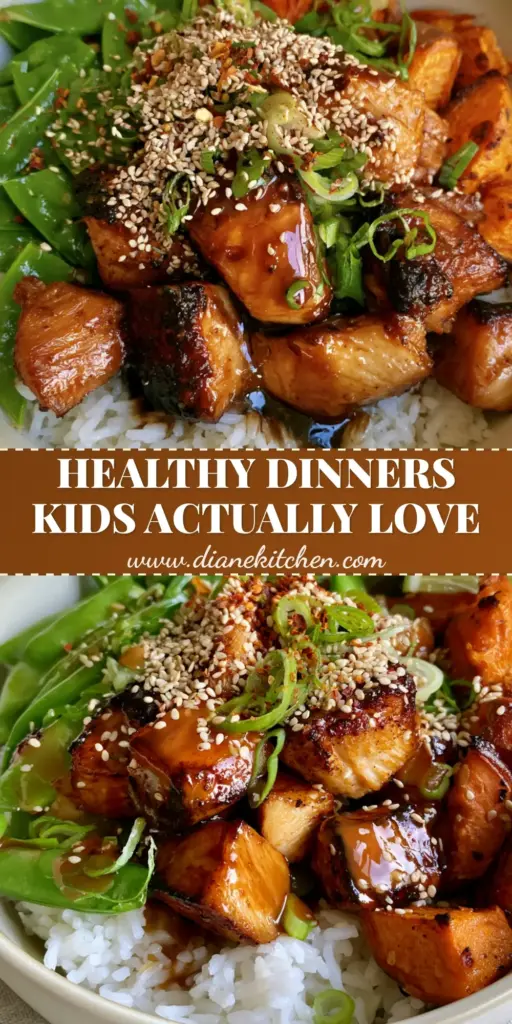 A vibrant healthy family dinner bowl with honey-garlic chicken, bright green snap peas, and roasted sweet potatoes over jasmine rice. (healthy family dinner recipes)