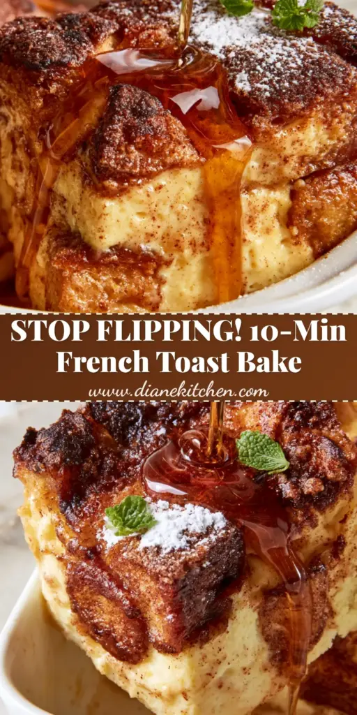 A square slice of oven baked french toast with golden-brown peaks and a maple syrup drizzle being lifted from a dish.