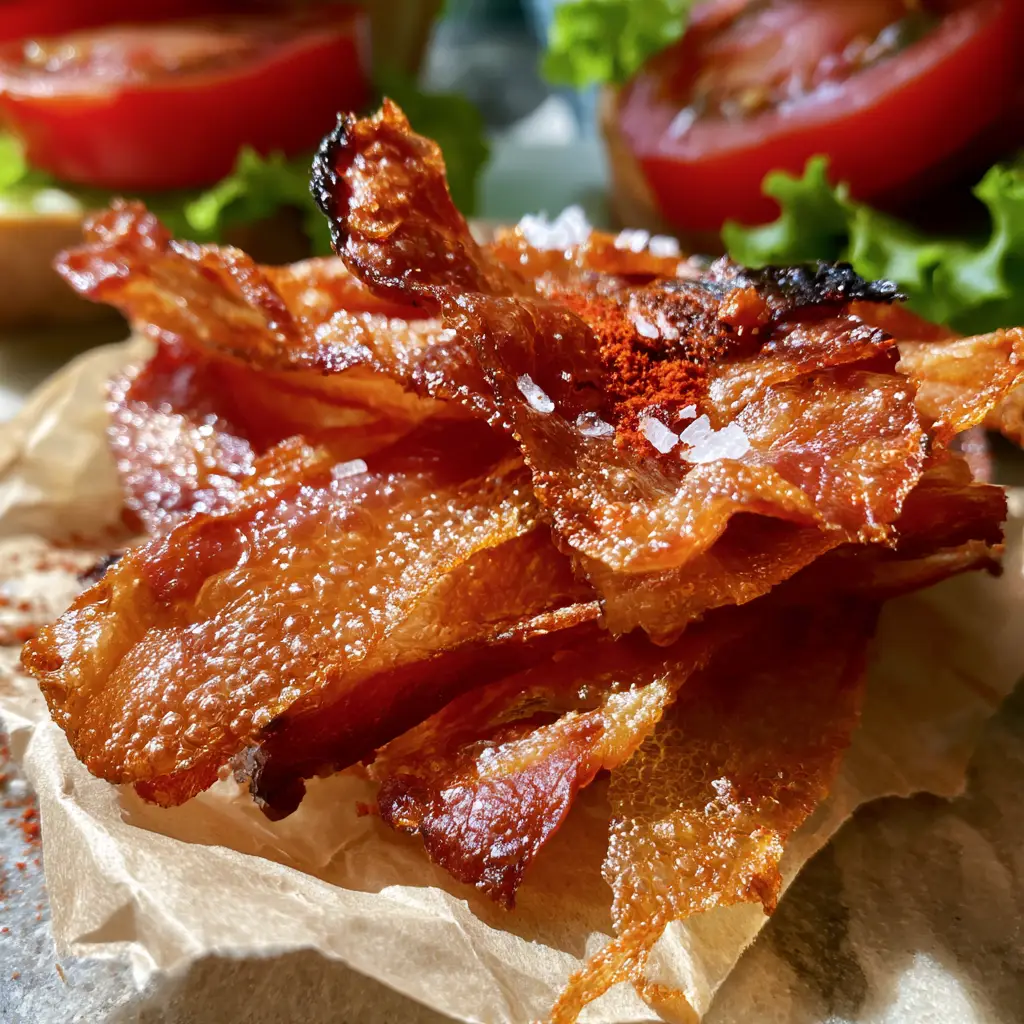 Vegan Bacon Recipe: The Ultimate Crispy Rice Paper Hack 1 A gourmet vegan BLT sandwich in soft focus behind a stack of strips from our Vegan Bacon Recipe.