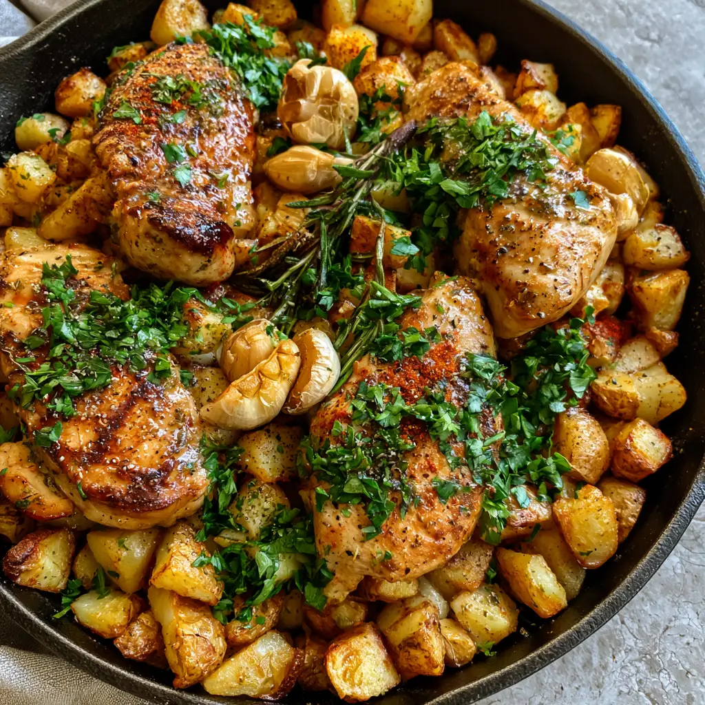 One pan meals: Garlic Herb Butter Chicken and Crispy Gold Potatoes 1 Close up of roasted whole garlic cloves and fresh rosemary sprigs nestled among crispy potatoes and glistening chicken medallions.