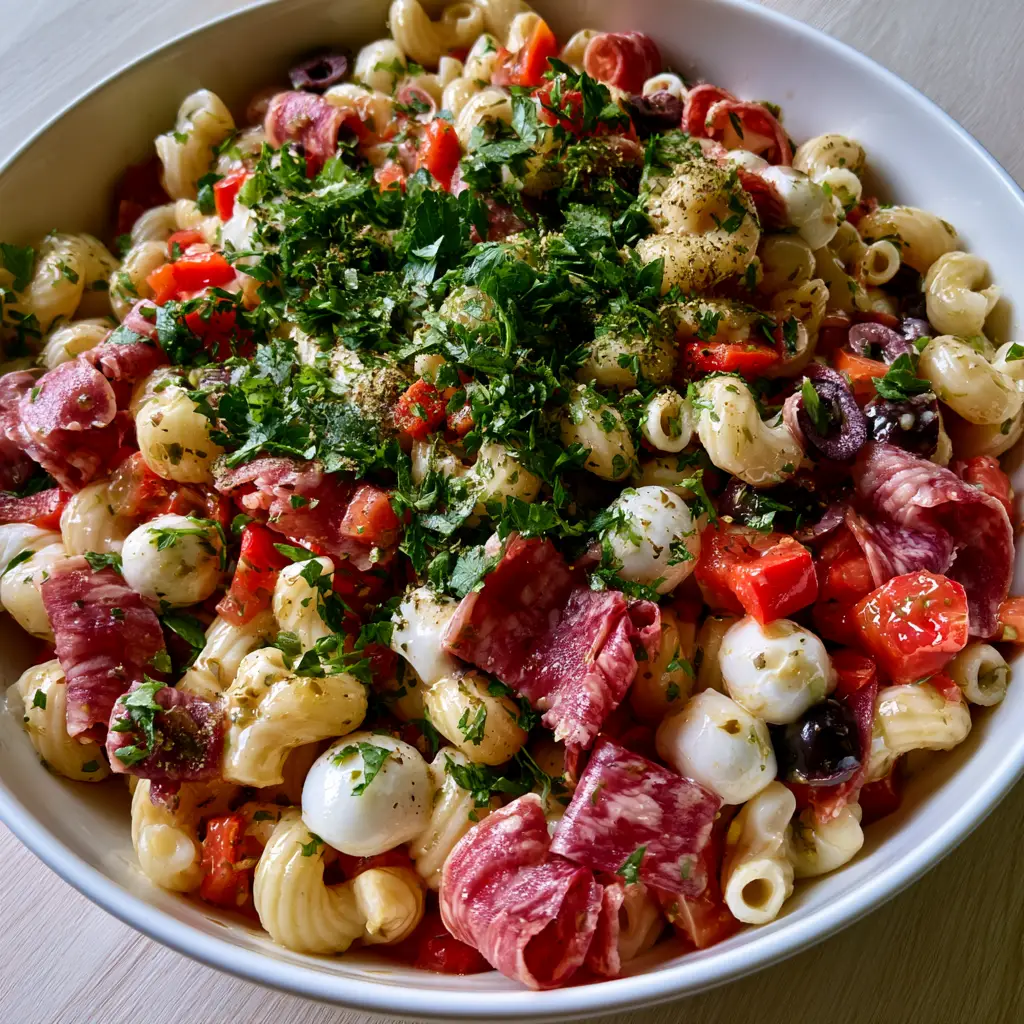 Handheld smartphone photo of glossy Italian Macaroni Salad highlighting herb-flecked dressing and mozzarella pearls.