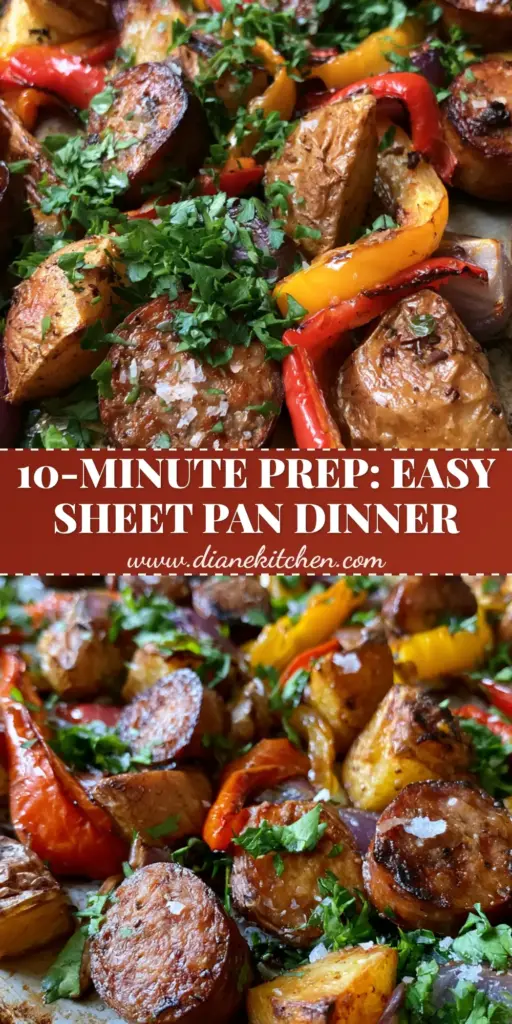 A rustic sheet pan sausage bake with seared Italian sausage coins, crispy golden potatoes, and blistered red and yellow bell peppers garnished with parsley.