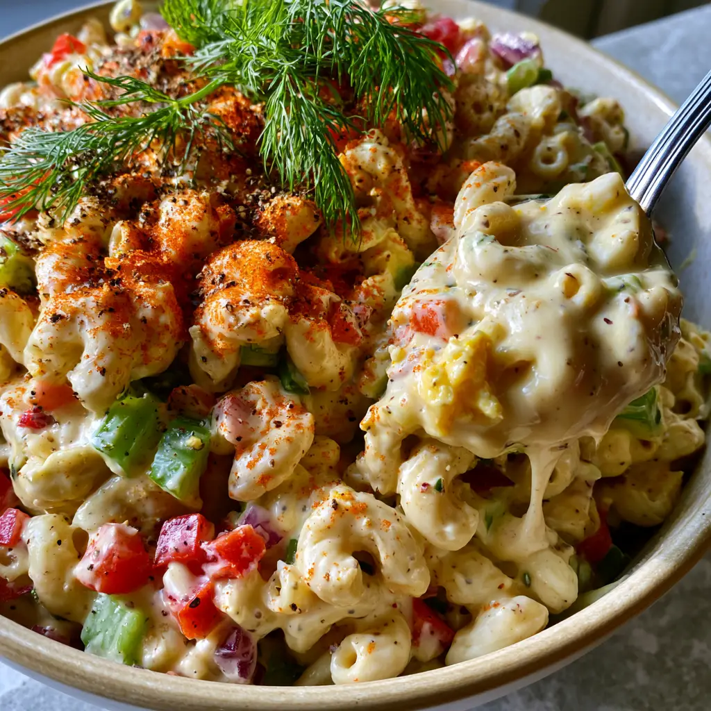 Macaroni Pasta Salad: The Ultimate Creamy Classic Recipe 2 Smartphone photo showing the glossy sheen of macaroni pasta salad with red peppers and celery. (macaroni pasta salad)