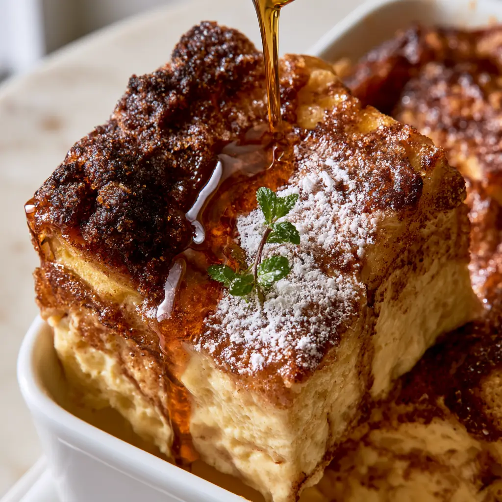 Close-up of thick brioche cubes soaked in custard for oven baked french toast.