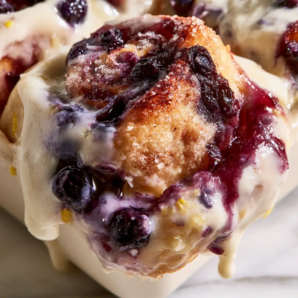 A single serving of blueberry cinnamon roll casserole being lifted from a dish, revealing a moist dough interior and purple blueberry swirls.
