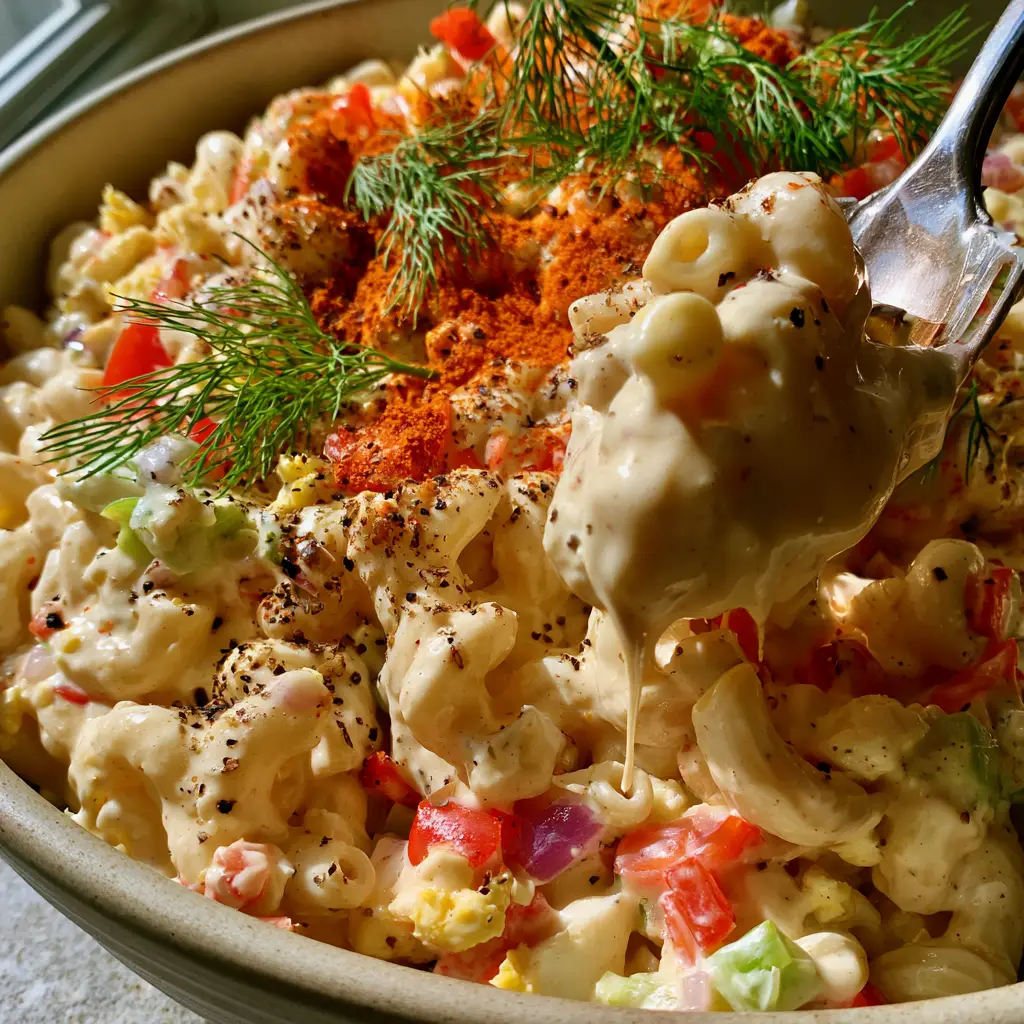 Macaroni Pasta Salad: The Ultimate Creamy Classic Recipe 1 Close up of elbow macaroni coated in thick yellow sauce with fresh dill and black pepper.