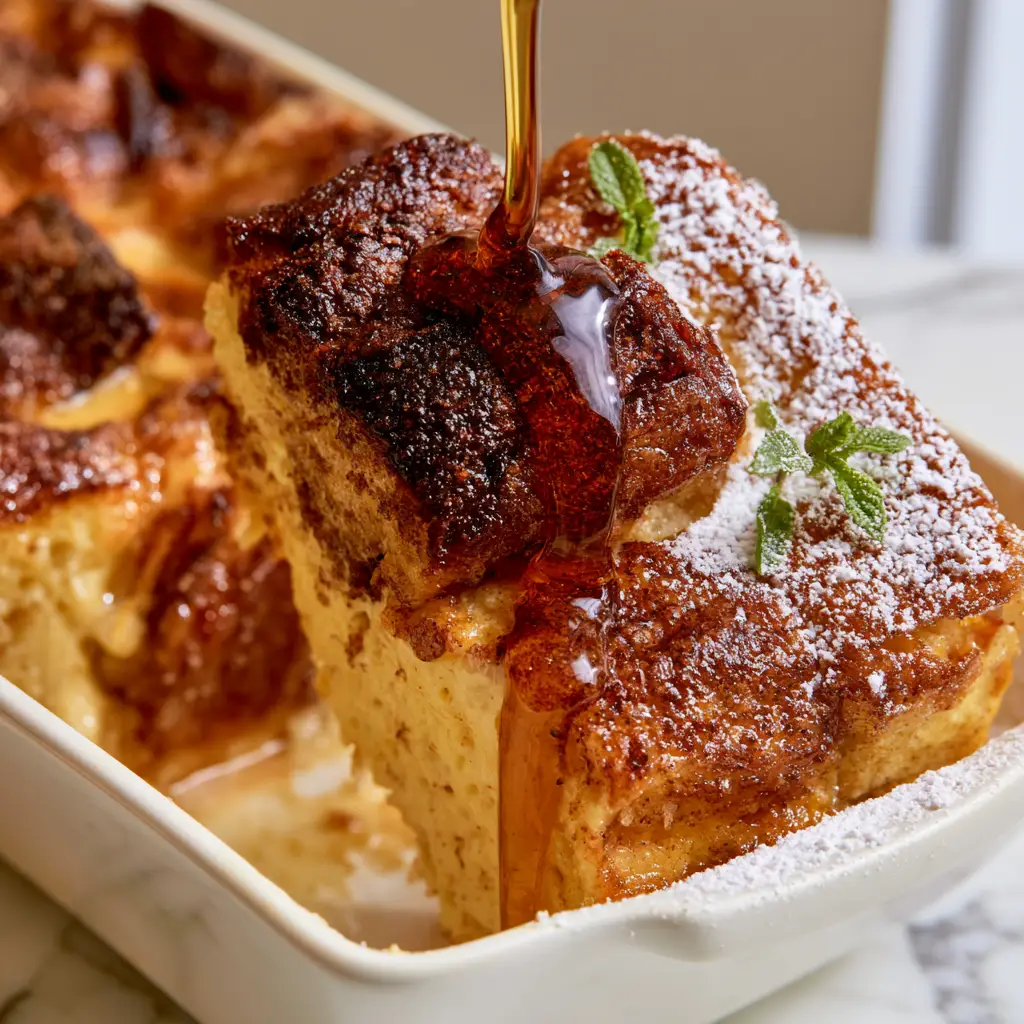 Dark brown crispy peaks of a cinnamon sugar crumble on top of oven baked french toast.