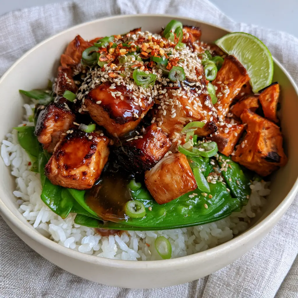 A top-down view of a complete healthy family dinner recipe bowl on a grey linen background.