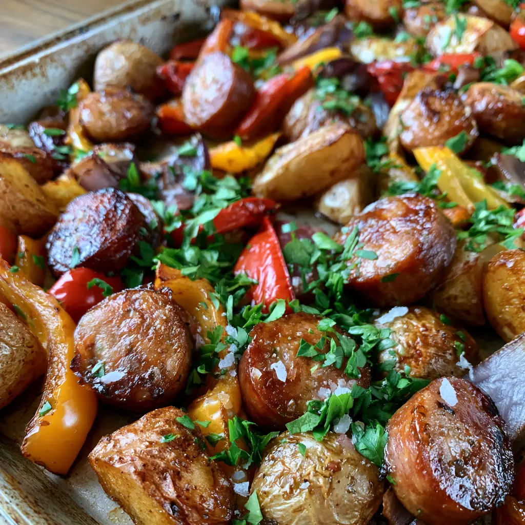 A baking sheet filled with blistered bell peppers and charred red onions from a sausage bake.