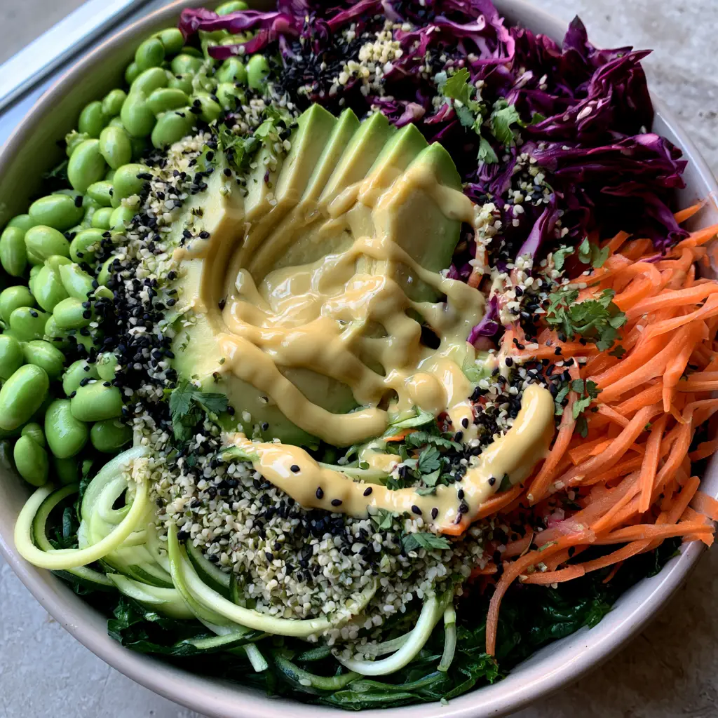 Raw Vegan Diet Abundance Bowl with Creamy Lemon-Tahini 1 Creamy lemon-tahini dressing drizzled over a vibrant Raw vegan diet salad.