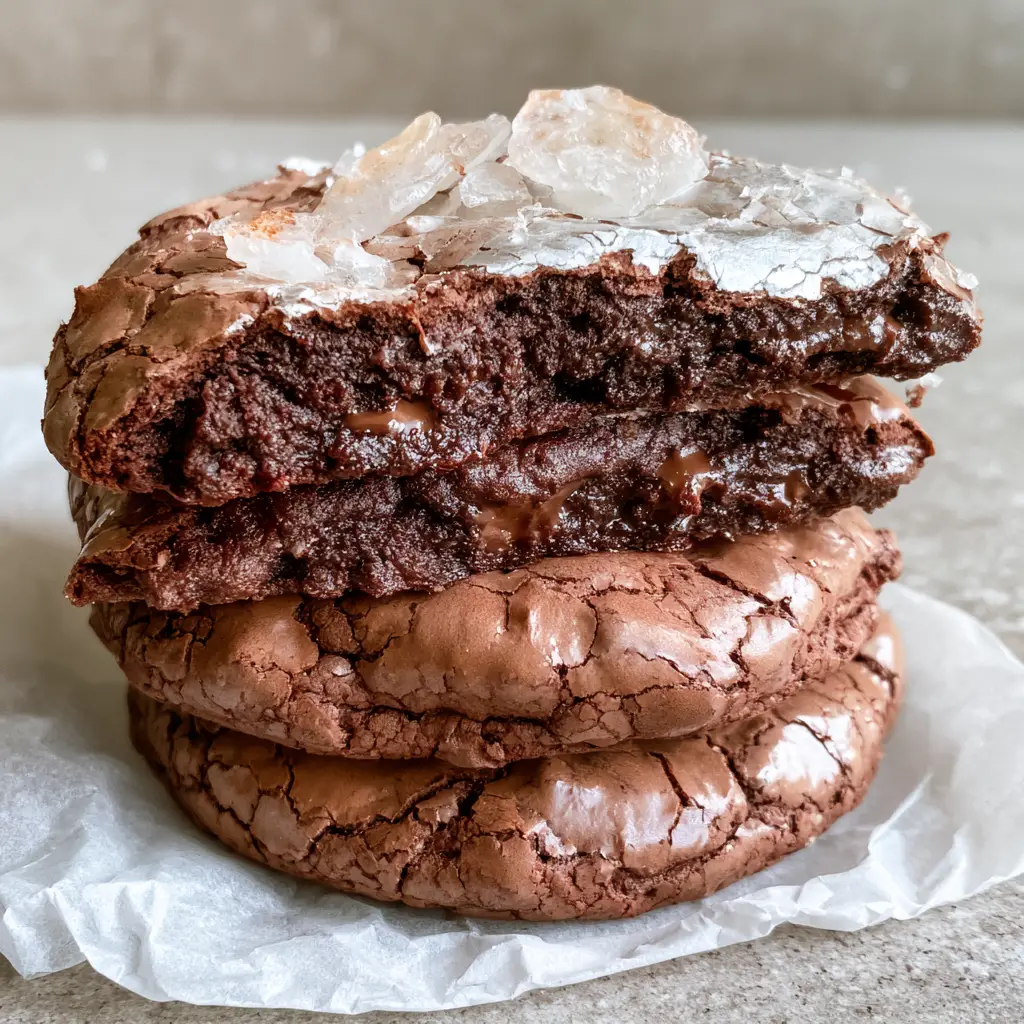 Close-up of a broken Salted Brownie Cookie revealing a fudgy dark chocolate center and molten pockets.