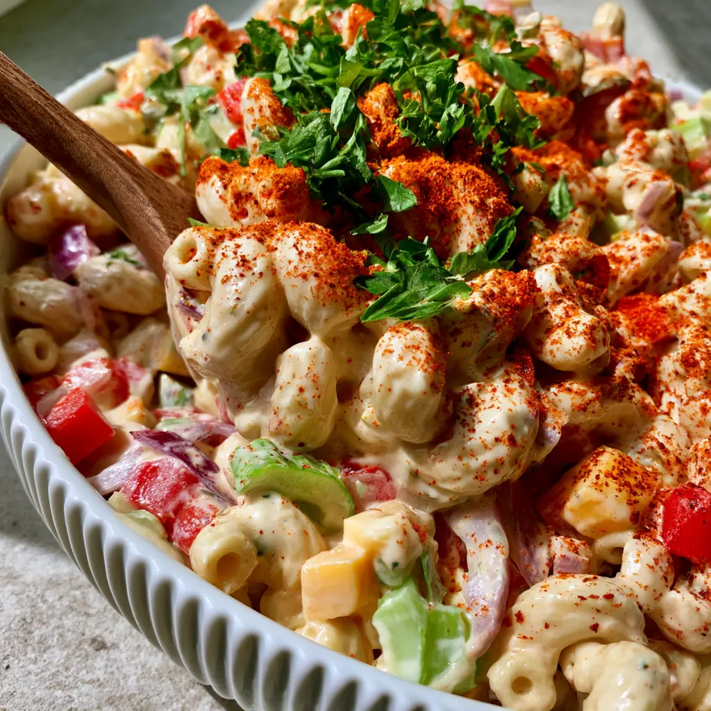 Close up of creamy ivory dressing on macaroni salad with a dusting of orange smoked paprika.