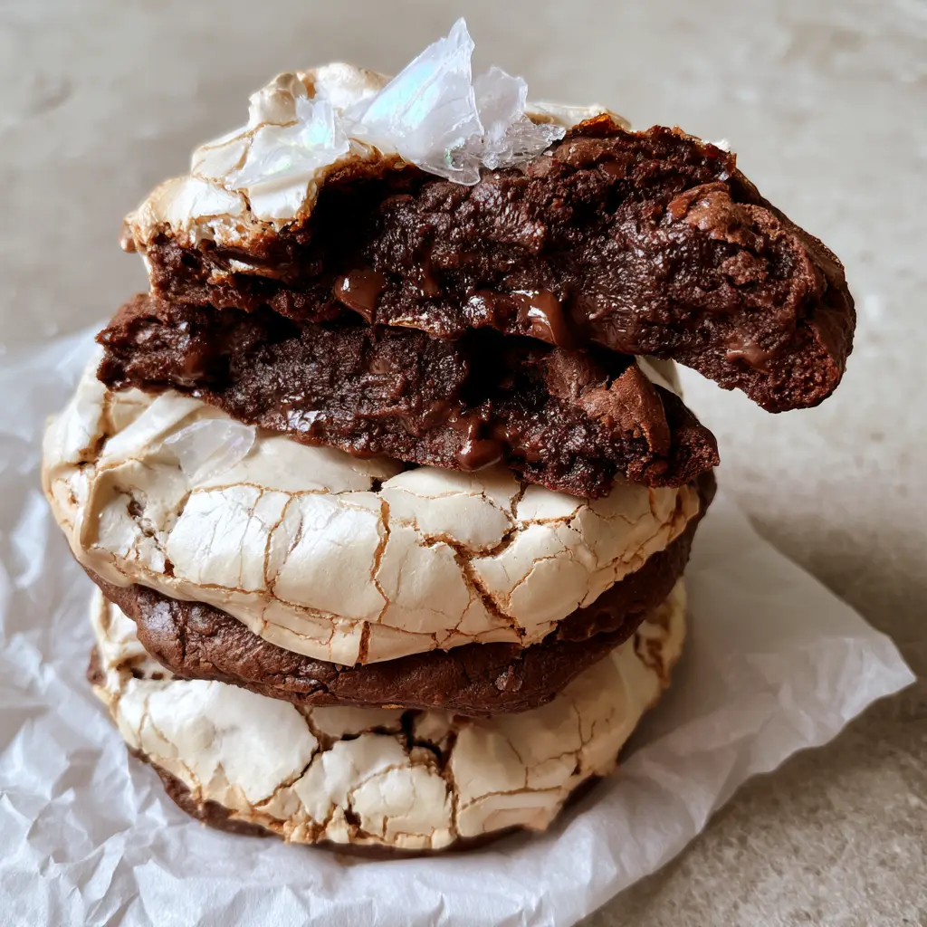 Top-down view of Salted Brownie Cookies on a light gray stone surface with natural lighting.