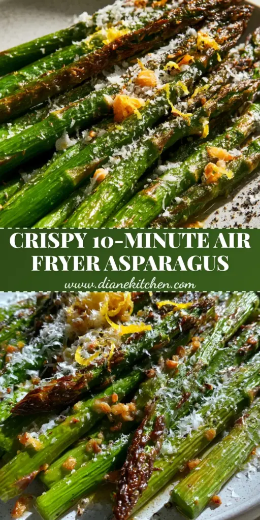 Air Fry Asparagus: The Ultimate Blistered Parmesan Garlic Guide 3 A bundle of air fry asparagus spears with blistered charred tips, dusted with parmesan cheese and lemon zest on a ceramic plate.