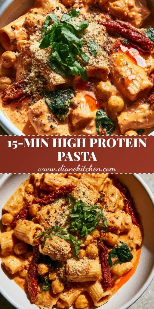 A high-angle close-up of creamy Sun-dried tomato chickpea pasta in a matte white bowl featuring rigatoni, pan-seared chickpeas, and fresh basil.
