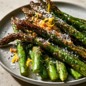 Macro shot of air fry asparagus stalks showing the glistening olive oil and toasted garlic bits.