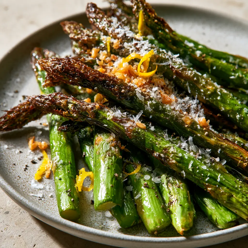 Air Fry Asparagus: The Ultimate Blistered Parmesan Garlic Guide 2 Macro shot of air fry asparagus stalks showing the glistening olive oil and toasted garlic bits.