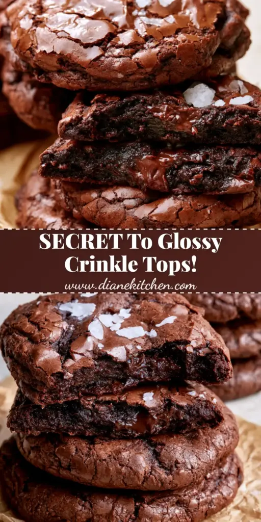 A stack of Fudgy brownie cookies with a shattered crinkle crust and Maldon sea salt flakes on crumpled parchment paper.