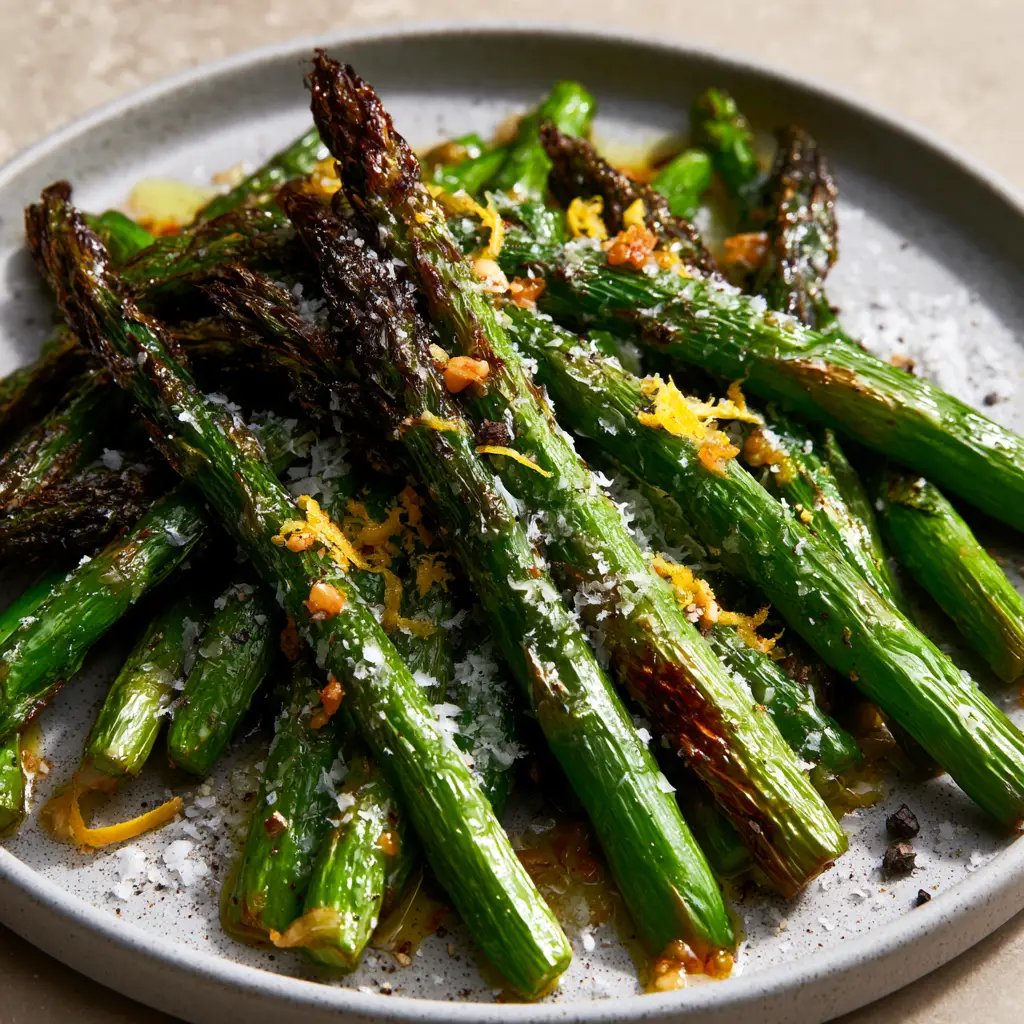 Air Fry Asparagus: The Ultimate Blistered Parmesan Garlic Guide 1 Close up of charred asparagus tips with snowy parmesan cheese and lemon zest ribbons.